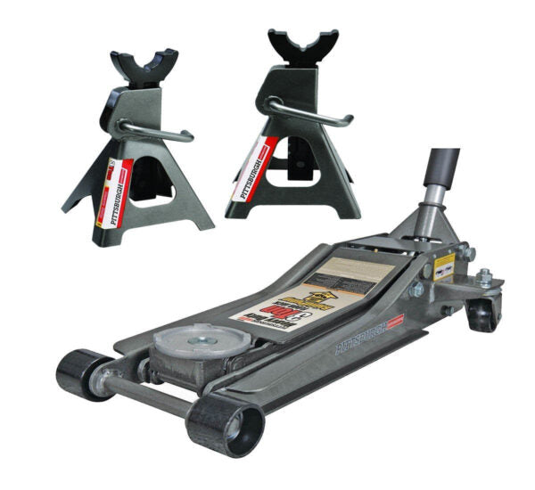 2026 Pittsburg 3 Ton Low Profile Floor Jack and Jack Stands Set Combo with Rapid Pump Quick Lift