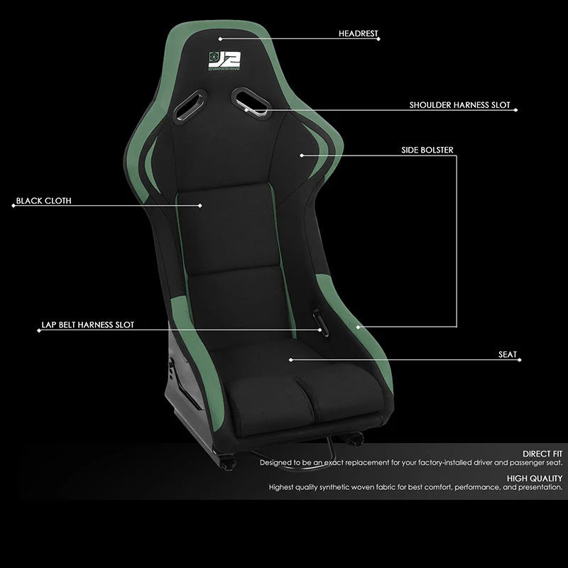 2 Pcs Green Fabric Bucket Racing Seats w/ Mount Brackets & Sliders Fits model w/ Aftermarket Seat Brackets