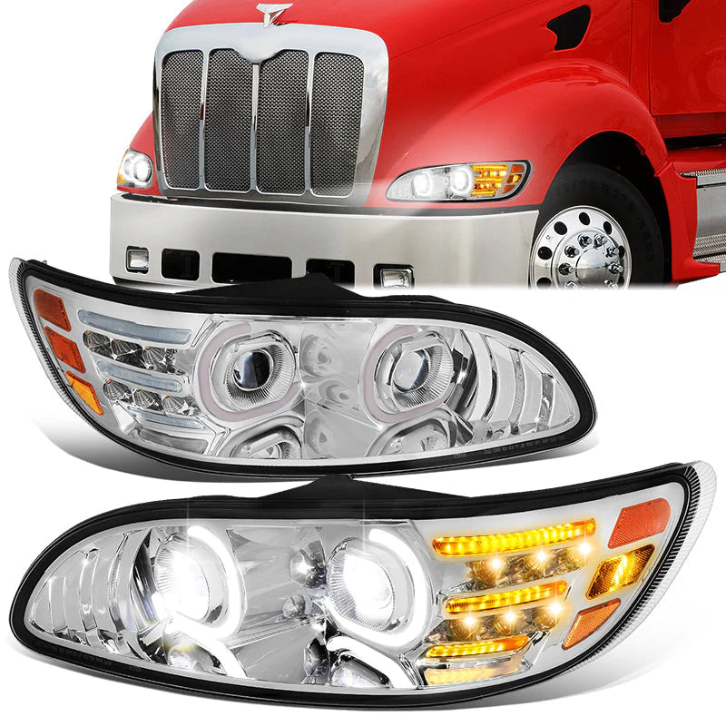 LED DRL Halo Projector Headlights 10-20 Peterbilt 337 348