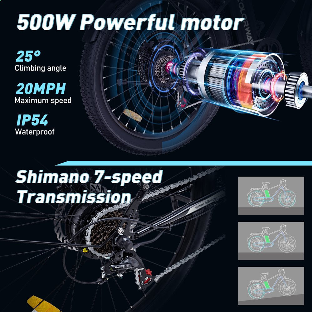 2026 500W Electric Bike, 26′′x3.0′′ Tires, 36V/15Ah, Shimano 7-Speed, Carbon Steel, LCD Display, IP54 Waterproof