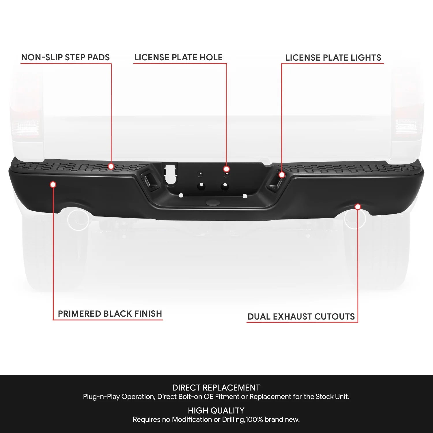 Modular Style Rear Step Bumper w/Dual Exhaust License Plate Lights 09-19 Dodge/Ram 1500 2500 3500