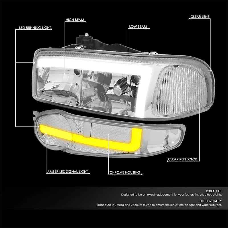 LED DRL Switchback Headlights 01-06 GMC Sierra 1500 Yukon Denali