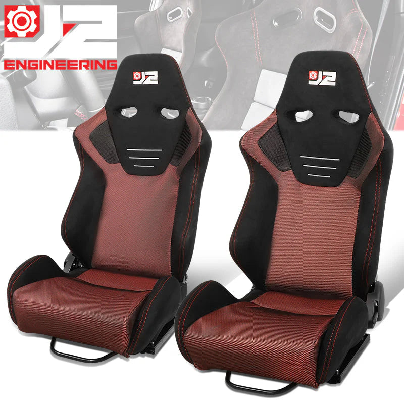 2Pcs Red Microfiber Suede Reclinable Racing Bucket Seat w/ Sliders Universal
