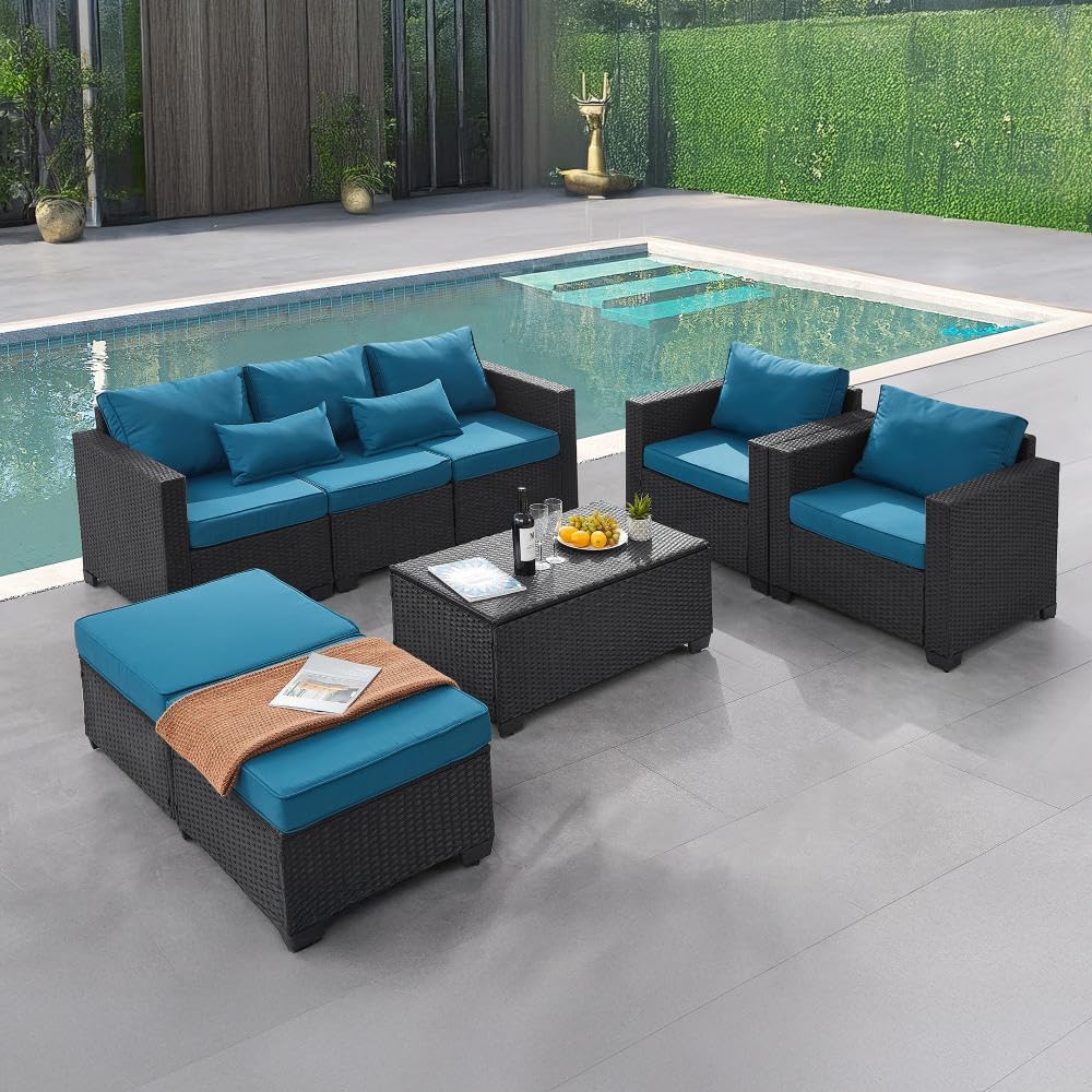 2026 6 Pieces Outdoor Patio Furniture Sets with Furniture Cover, PE Rattan Wicker Patio Conversation Set with Tea Table (Peacock Blue, Rattan Storage Table)