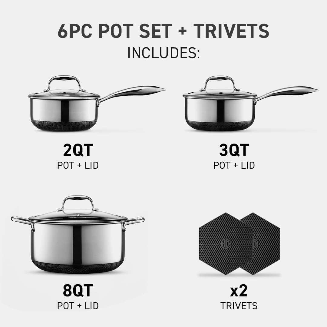 2026 HexClad Hybrid Nonstick 6-Piece Pot Set with 2 Silicone Trivets, 2, 3, and 8-Quart Pots with Tempered Glass Lids, Stay-Cool Handles, Dishwasher-Friendly, Induction-Ready, Compatible with All Cooktops