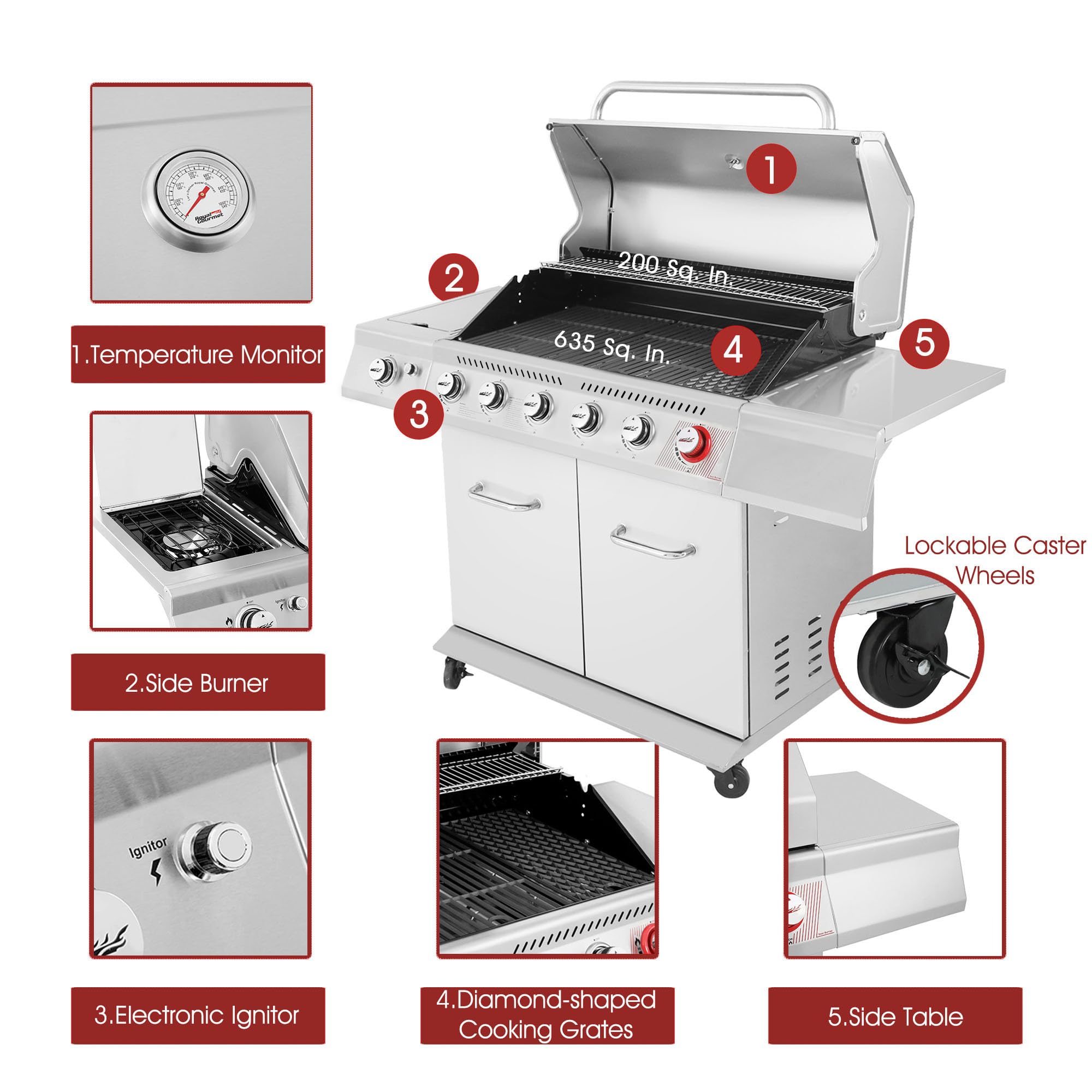 2026 Gourmet GA6402S Stainless Steel Gas Grill, Premier 6-Burner Propane Grill with Sear Burner and Side Burner, 74,000 BTU, Cabinet Style, Outdoor BBQ Party Grill, Silver