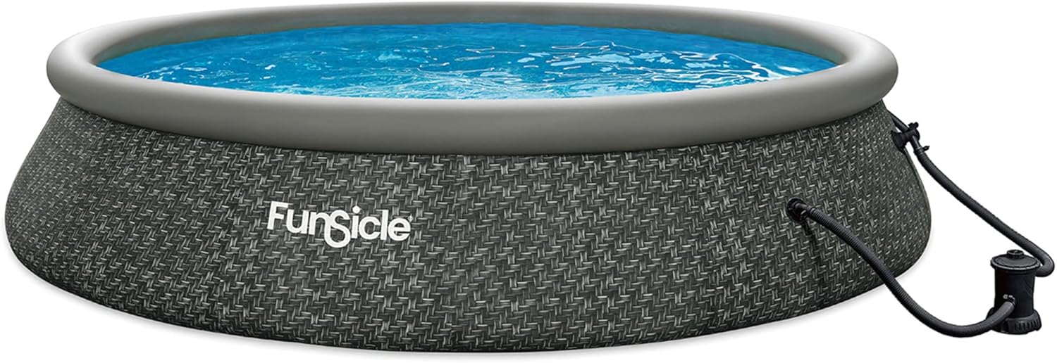 2026 12 Foot by 36 Inch Quickset Round Inflatable Ring Top Outdoor Above Ground Swimming Pool Set with Pump and Cartridge Filter, Dark Herringbone
