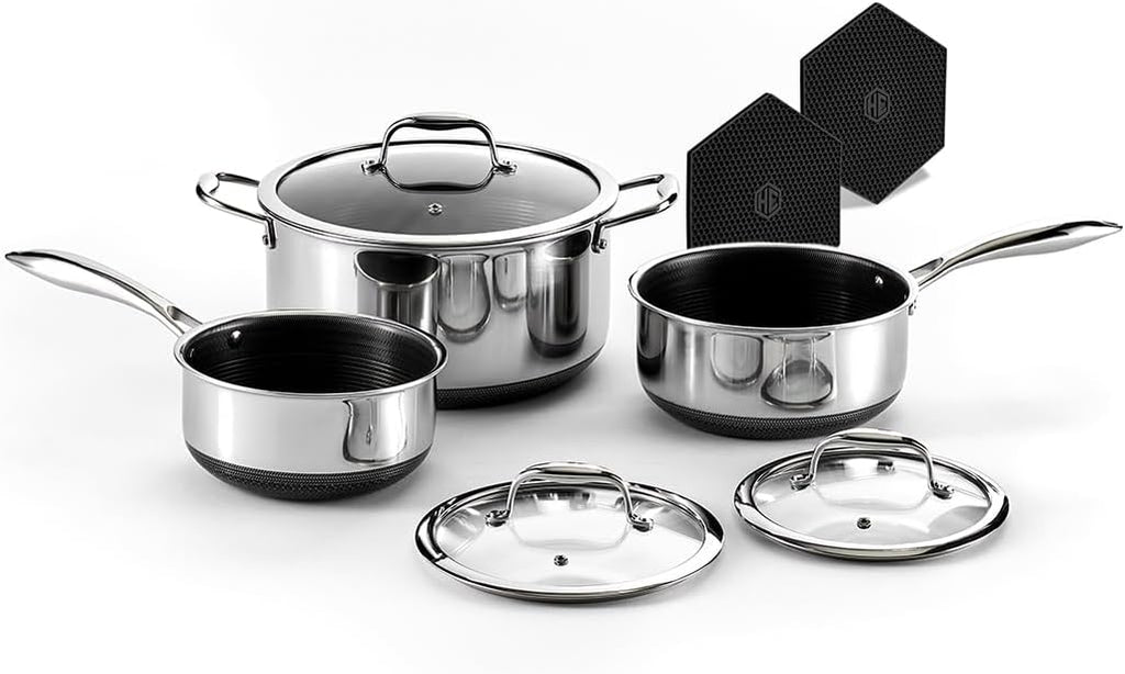 2026 HexClad Hybrid Nonstick 6-Piece Pot Set with 2 Silicone Trivets, 2, 3, and 8-Quart Pots with Tempered Glass Lids, Stay-Cool Handles, Dishwasher-Friendly, Induction-Ready, Compatible with All Cooktops