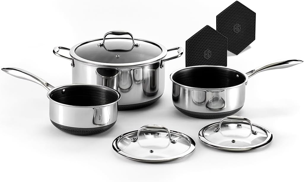 2026 HexClad Hybrid Nonstick 6-Piece Pot Set with 2 Silicone Trivets, 2, 3, and 8-Quart Pots with Tempered Glass Lids, Stay-Cool Handles, Dishwasher-Friendly, Induction-Ready, Compatible with All Cooktops