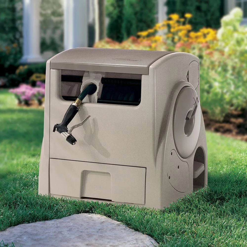 2026 Suncast 100 ft. Powerwind Auto Power Rewind Hose Reel, Light Taupe