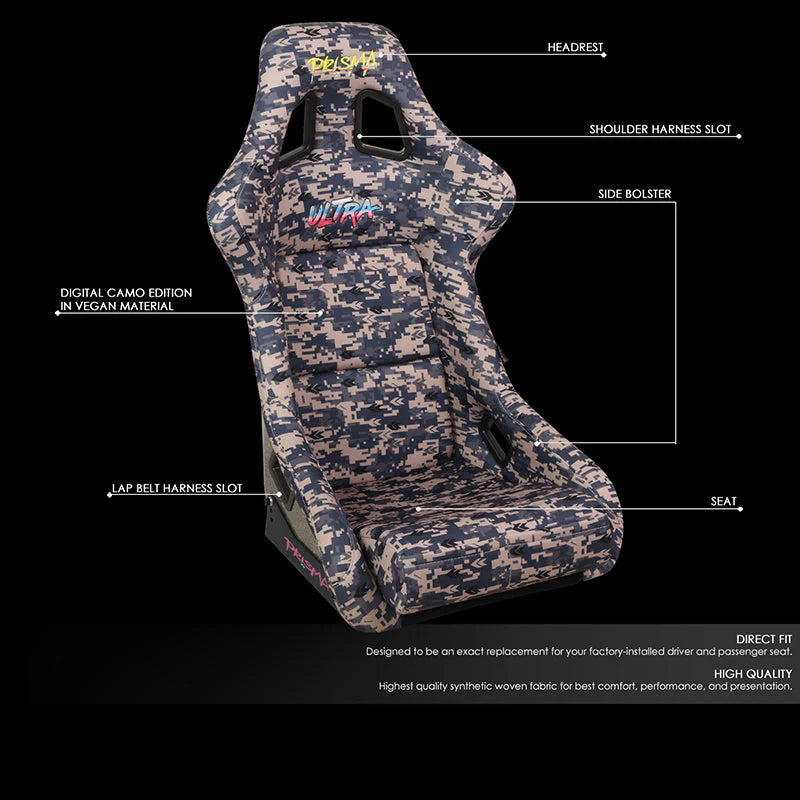 Grey Camo Fiberglass Vegan Satin Bucket Racing Seat Universal