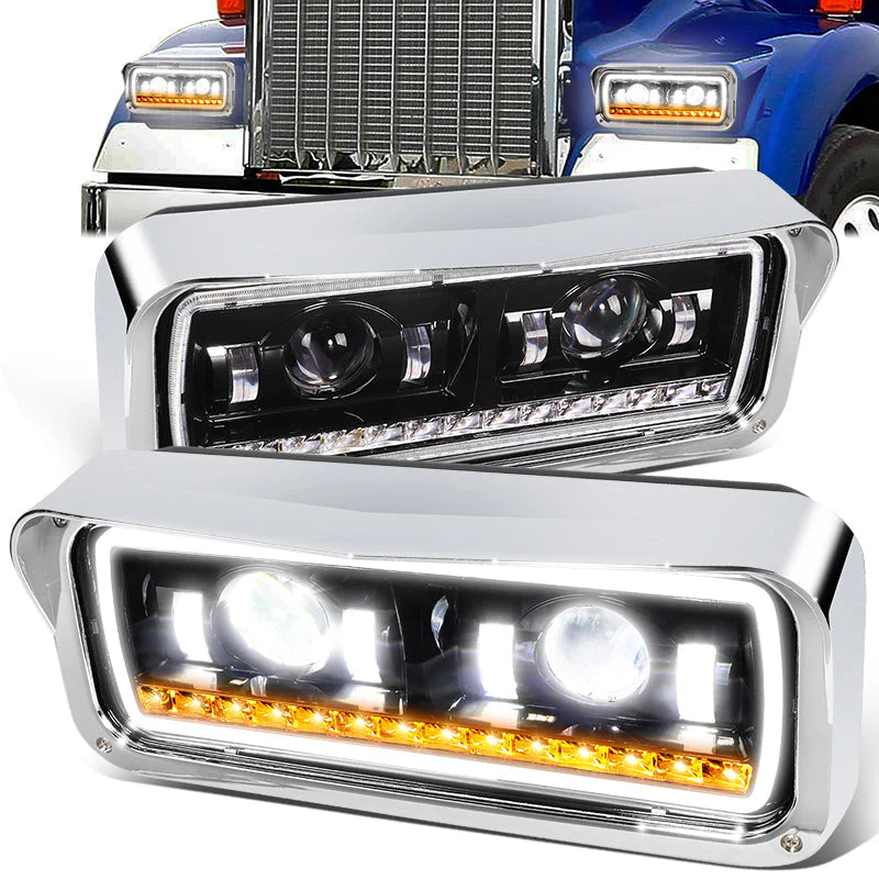 LED DRL Halo Projector Headlights 81-19 Kenworth W900 Western Star 4800