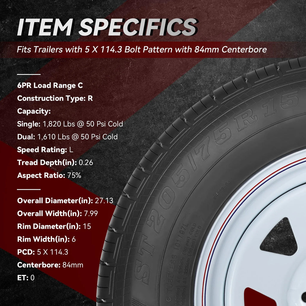 1-Piece 15 in. Trailer Tire & Rim Assembly 5 X 114.3 Bolt Pattern / 84.1mm Centerbore Wheel Hubs