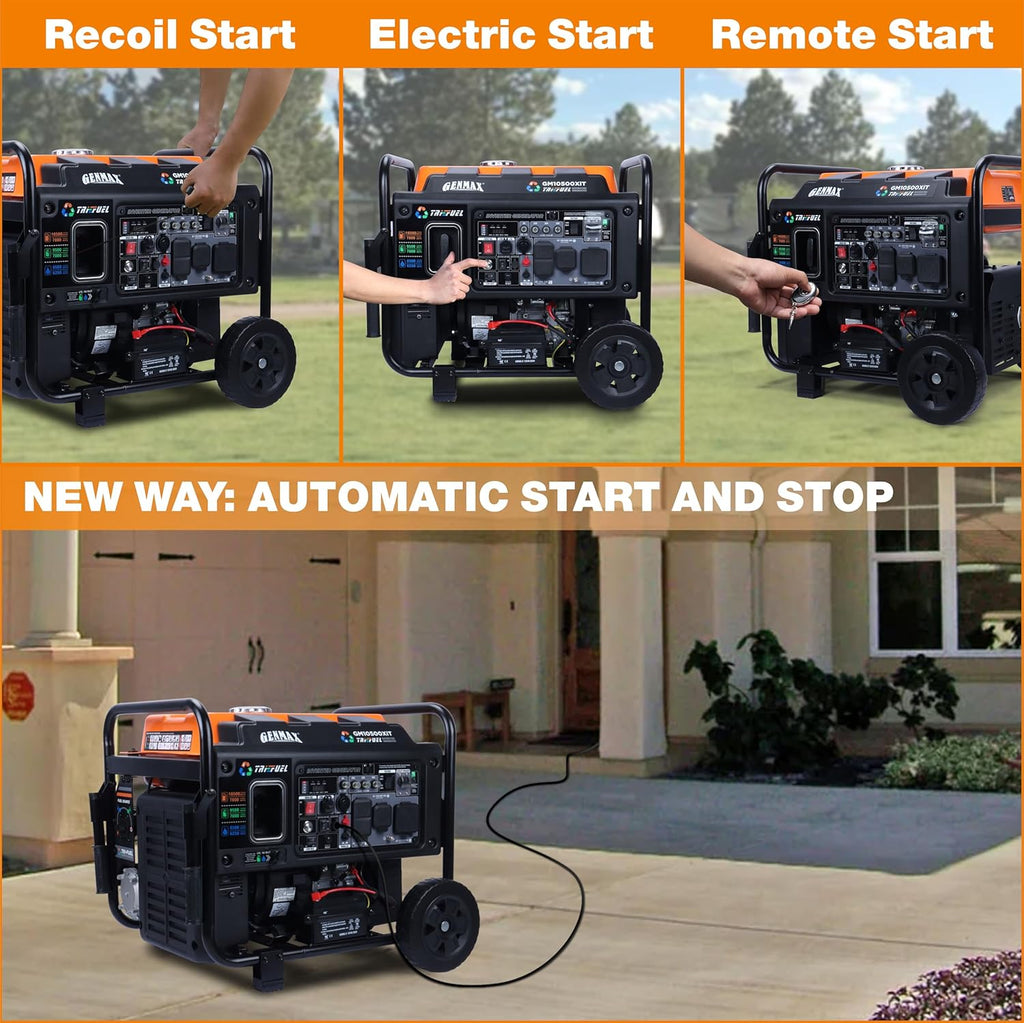 2026 GENMAX 10500 Peak Watt Tri Fuel Open Frame Inverter Generator,with ATS,Quiet Technology,CO Sensor,digital display and 50A,Ideal for Home backup,contruction site and RV Camping (GM10500XiT)
