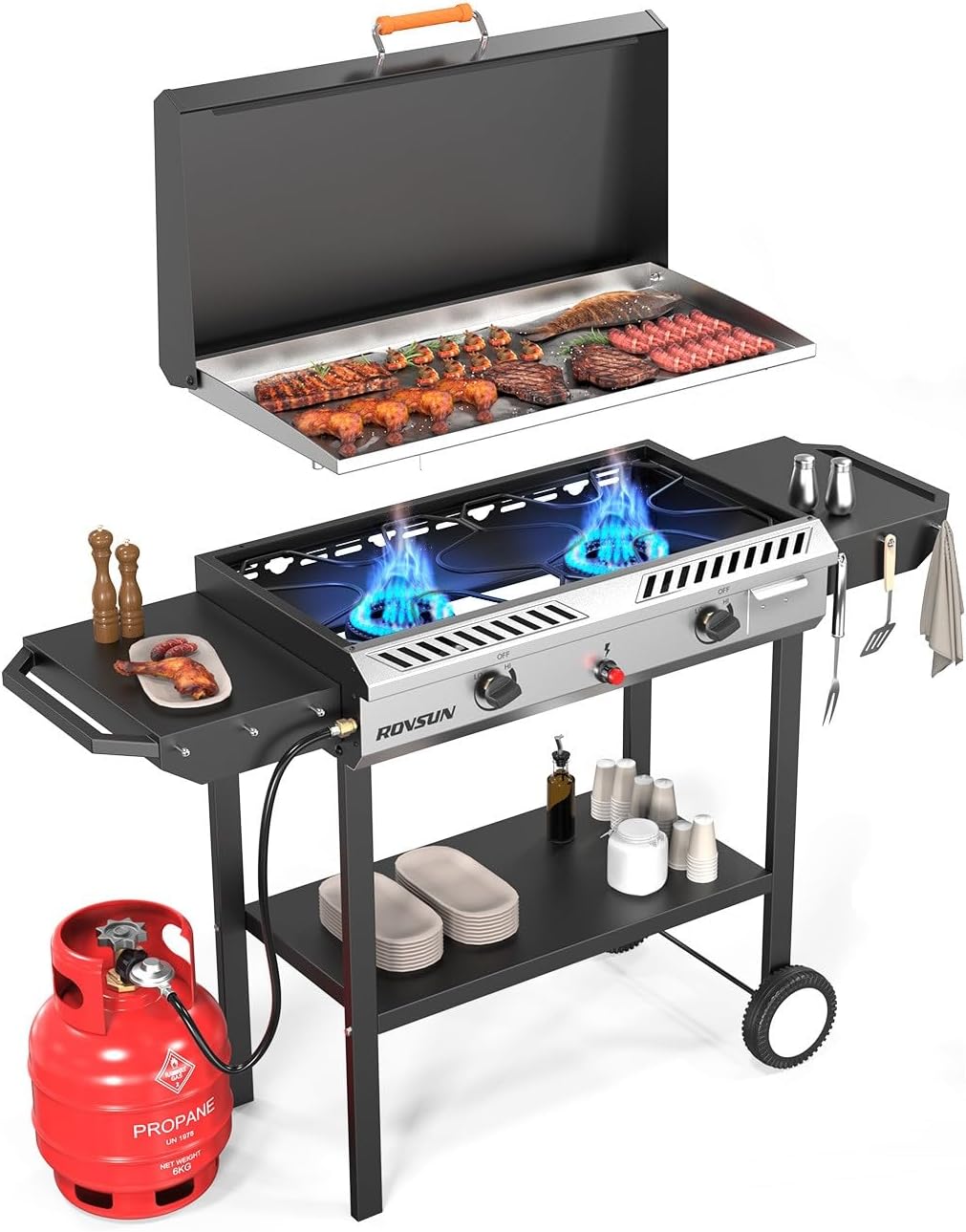2026 2 Burner Outdoor Propane Gas Stove with Griddle, Auto-ignition, Regulator & Side Shelves, 150,000 BTU Powerful Stand Cooker for Backyard Cooking Home Brewing Canning Frying Grilling