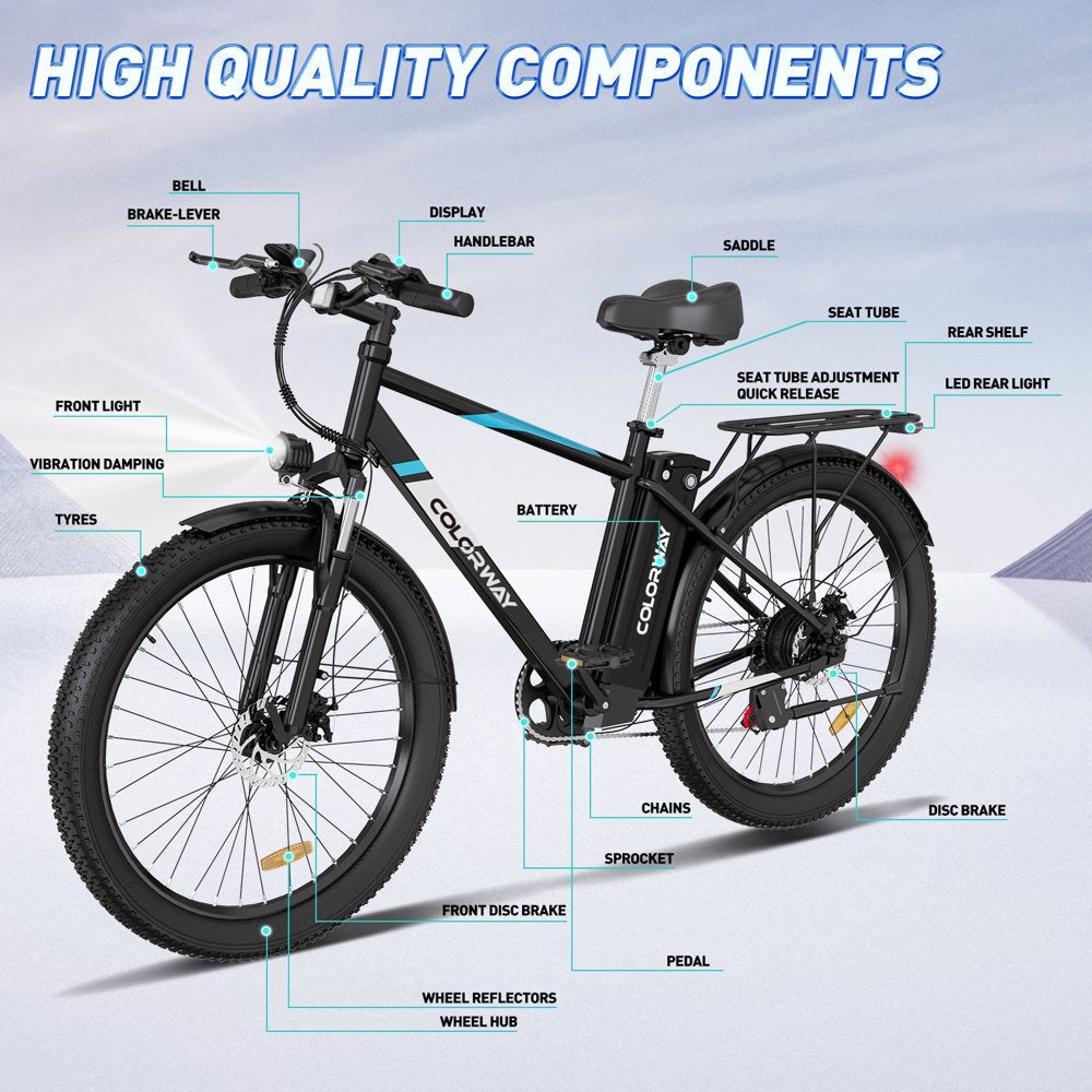 2026 500W Electric Bike, 26′′x3.0′′ Tires, 36V/15Ah, Shimano 7-Speed, Carbon Steel, LCD Display, IP54 Waterproof