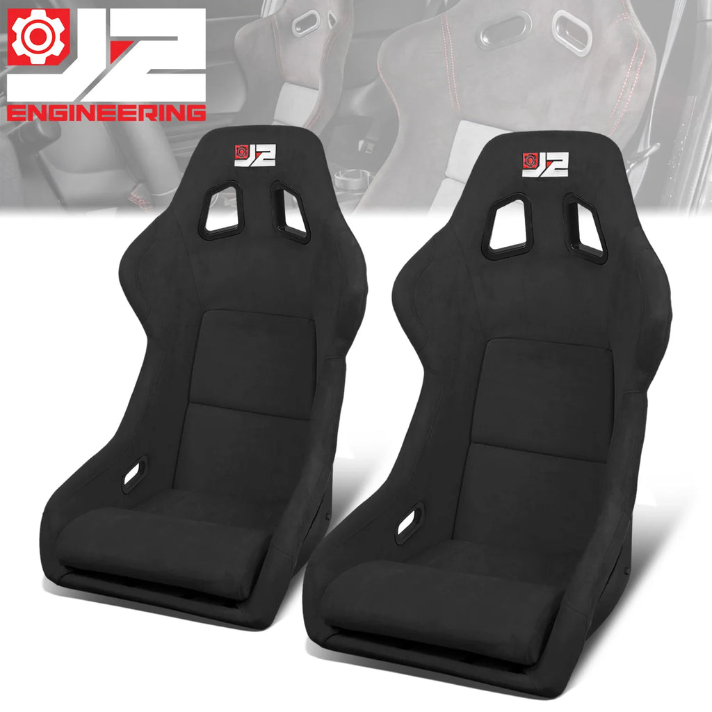 2Pcs Black Microfiber Suede Large Racing Bucket Seats w/ Mount Brackets & Sliders Universal