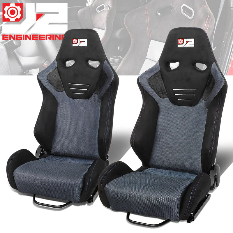 2Pcs Blue Microfiber Suede Reclinable Racing Bucket Seat w/ Sliders Universal