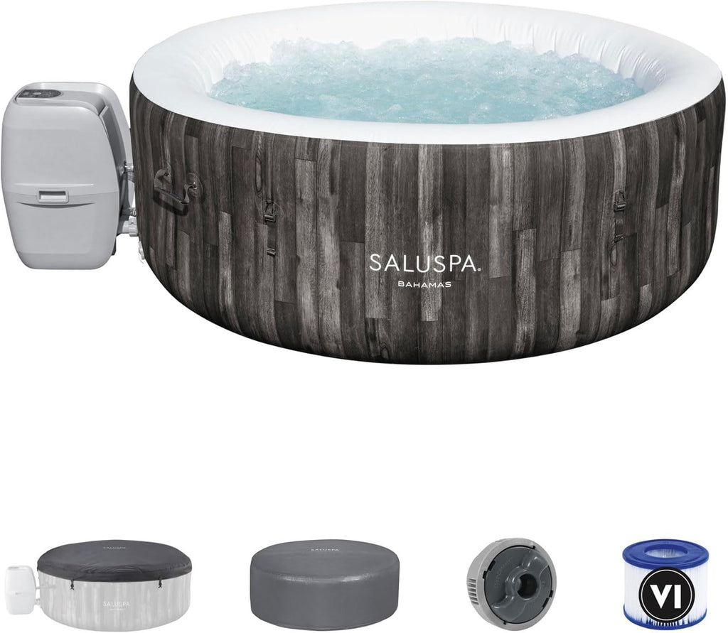 2026 Bestway SaluSpa Fiji AirJet Large Round 2 to 4 Person Inflatable Hot Tub Portable Outdoor Spa with 120 AirJets and EnergySense Cover, Grey