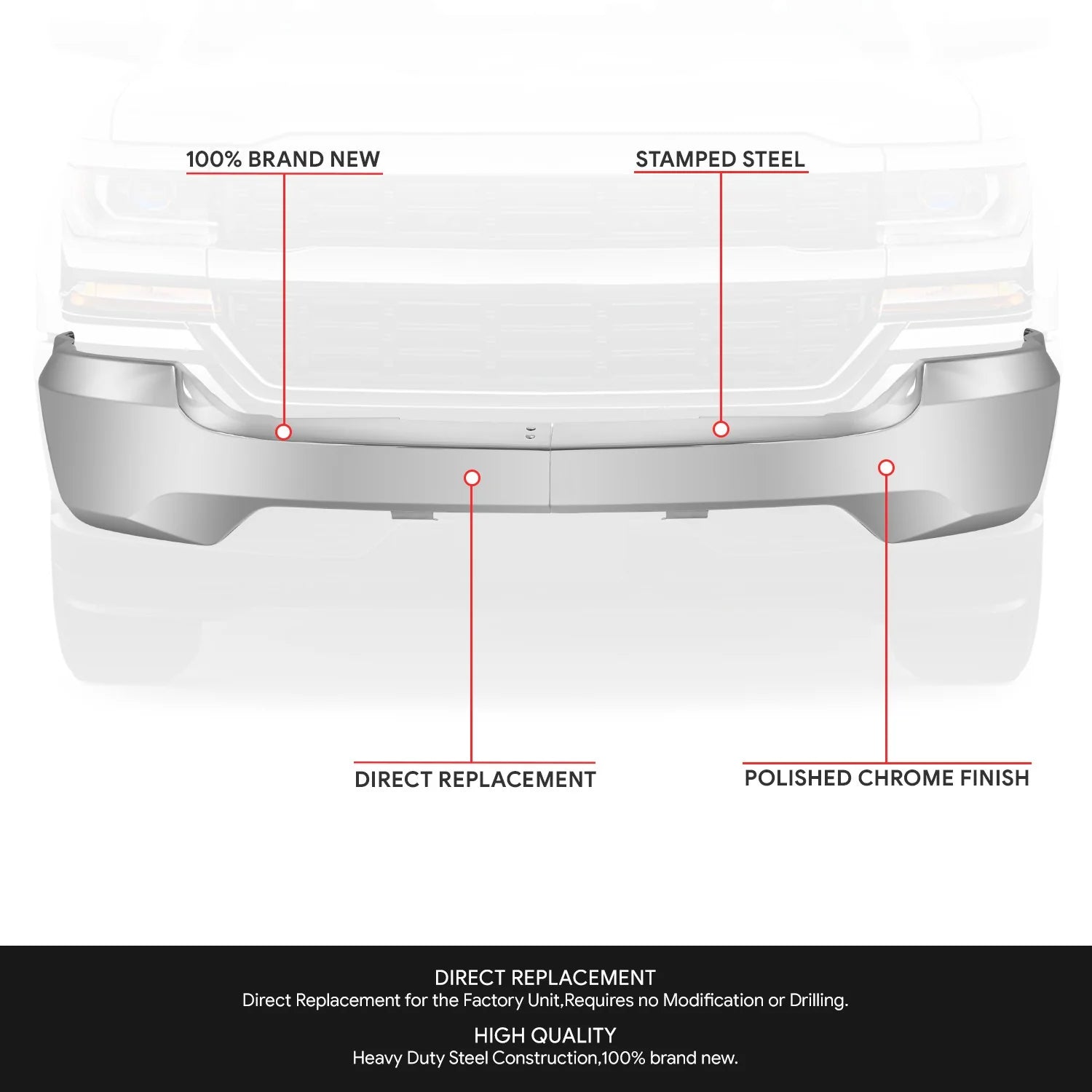 Modular Style Front Bumper (w/o Fog Light Holes) 16-19 Chevy Silverado 1500 LD