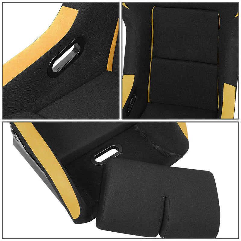 2 Pcs Yellow Fabric Bucket Racing Seats w/ Mount Brackets & Sliders Fits model w/ Aftermarket Seat Brackets