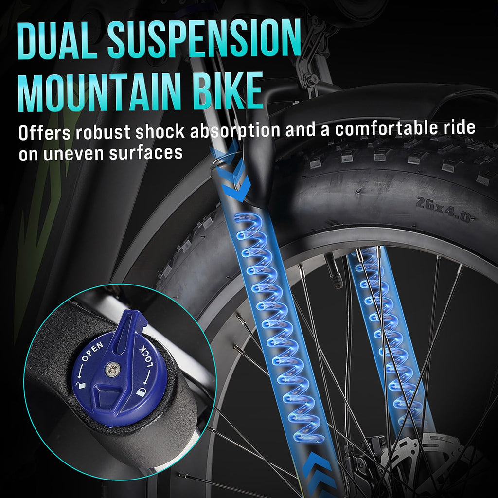 2026 Electric Bike for Adults 1000W, 48V 17.5AH Battery Adult Electric Bicycles, 26 Fat Tire Full Suspension Ebike, 28MPH Mountain Beach E Bike, 7 Speed, 60Miles Range, UL Certified