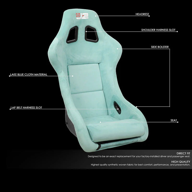 2Pcs Lake Blue Microfiber Suede Medium Racing Bucket Seats w/ Mount Brackets & Sliders Universal