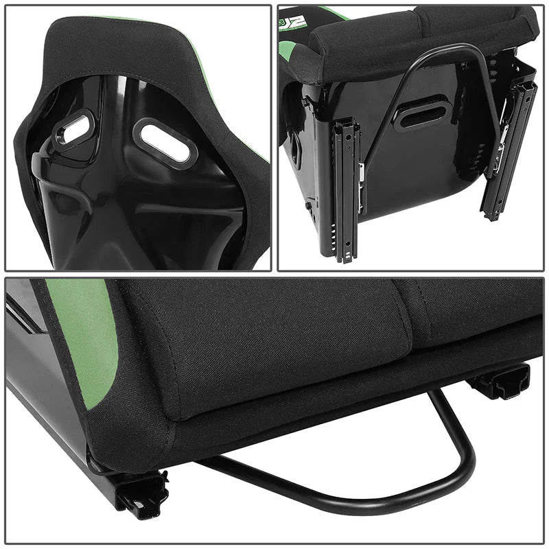 2 Pcs Green Fabric Bucket Racing Seats w/ Mount Brackets & Sliders Fits model w/ Aftermarket Seat Brackets