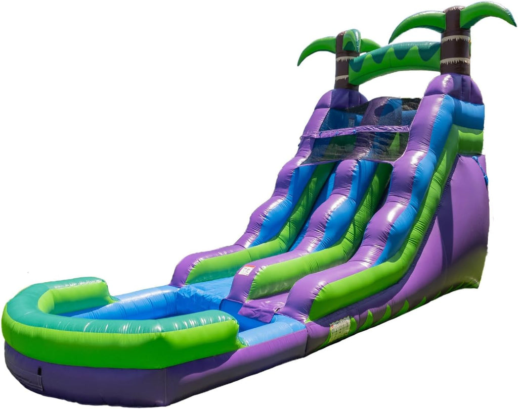 2026 HeroKiddo 16’ Purple Tropical Lightweight Premium Commercial Grade Water Slide Inflatable with Attached Pool for Kids and Adults (with Blower), Wet Dry Use, Summer Fun