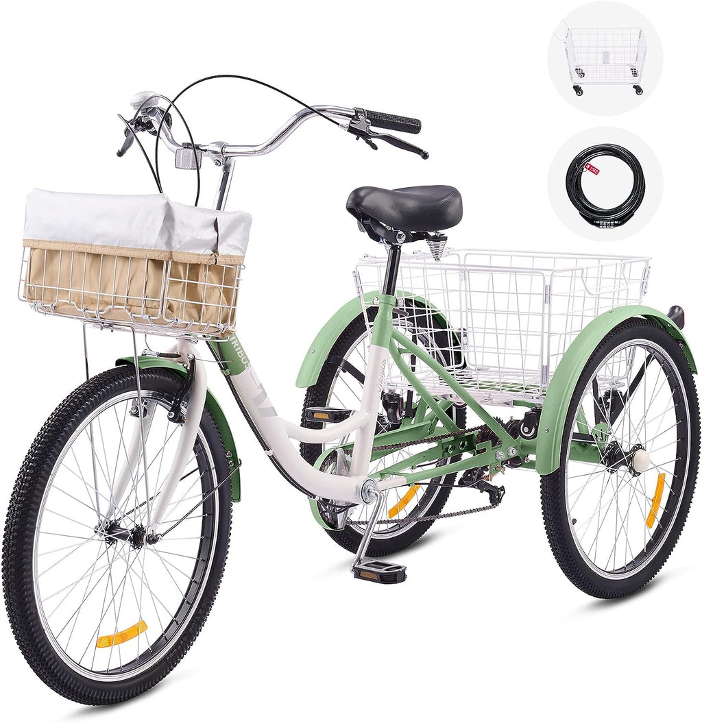 2026 Tricycle 7-Speed, 24′′ Wheels, High Carbon Steel Frame, Front & Rear Baskets, Adjustable Saddle