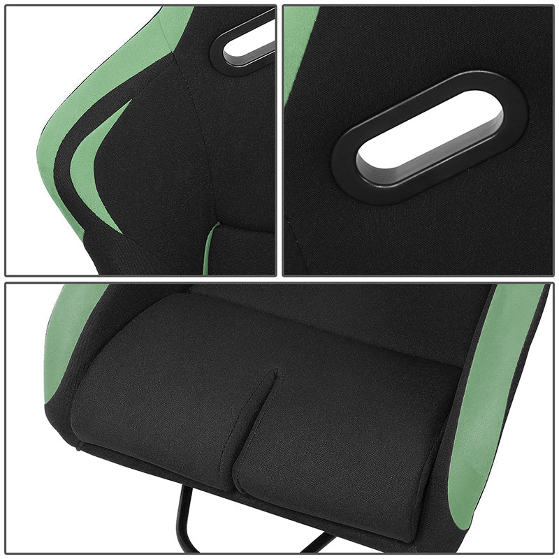 2 Pcs Green Fabric Bucket Racing Seats w/ Mount Brackets & Sliders Fits model w/ Aftermarket Seat Brackets