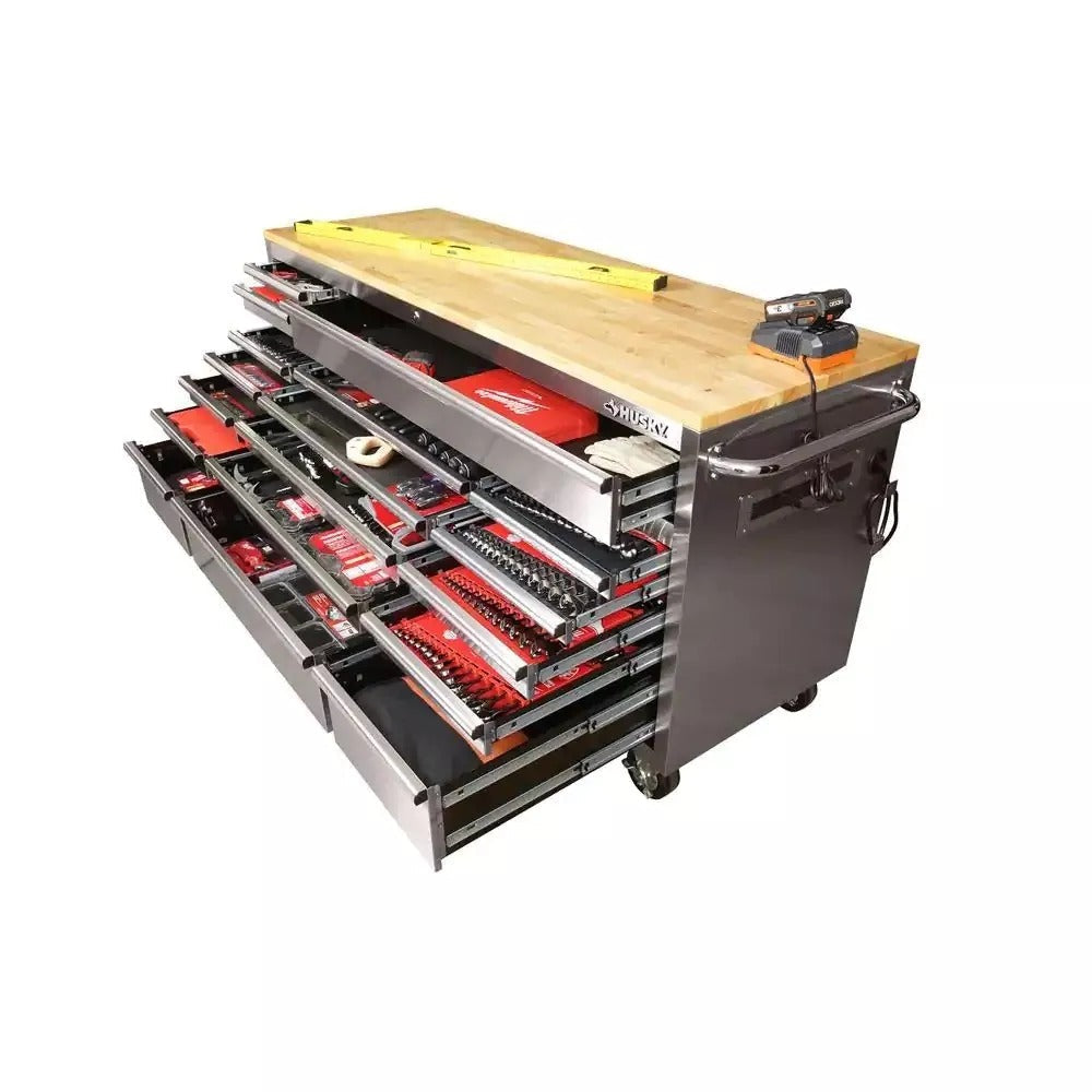 2026 72 in 18-Drawer 24 in. D Mobile Workbench with Solid Wood Top Stainless Steel