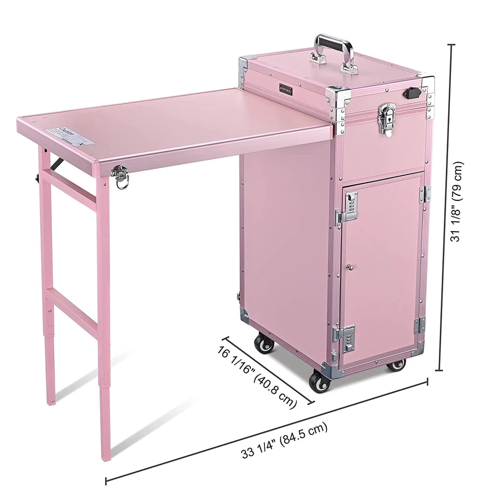 2026 Nail Desk Mobile Station Rolling Makeup Train Case Trolley Cosmetic Manicure Table Mirror 4 Drawers Pink