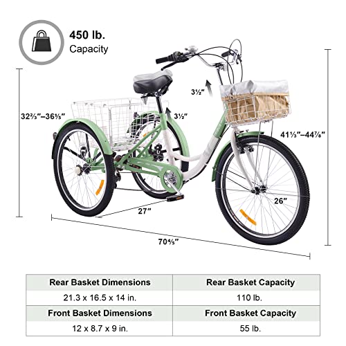 2026 Tricycle 7-Speed, 24′′ Wheels, High Carbon Steel Frame, Front & Rear Baskets, Adjustable Saddle