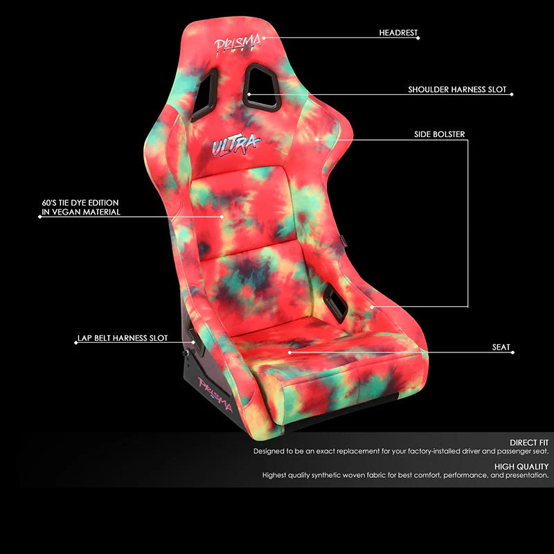 Tie Dye Fiberglass Vegan Satin Bucket Racing Seat Universal