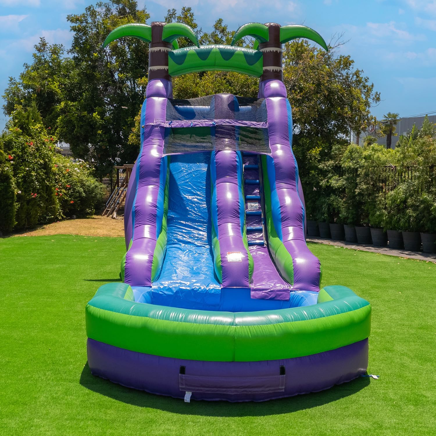 2026 HeroKiddo 16’ Purple Tropical Lightweight Premium Commercial Grade Water Slide Inflatable with Attached Pool for Kids and Adults (with Blower), Wet Dry Use, Summer Fun