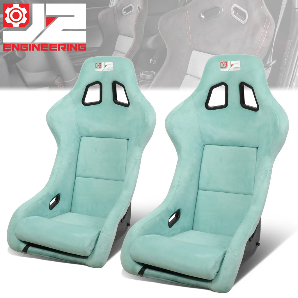 2Pcs Lake Blue Microfiber Suede Medium Racing Bucket Seats w/ Mount Brackets & Sliders Universal