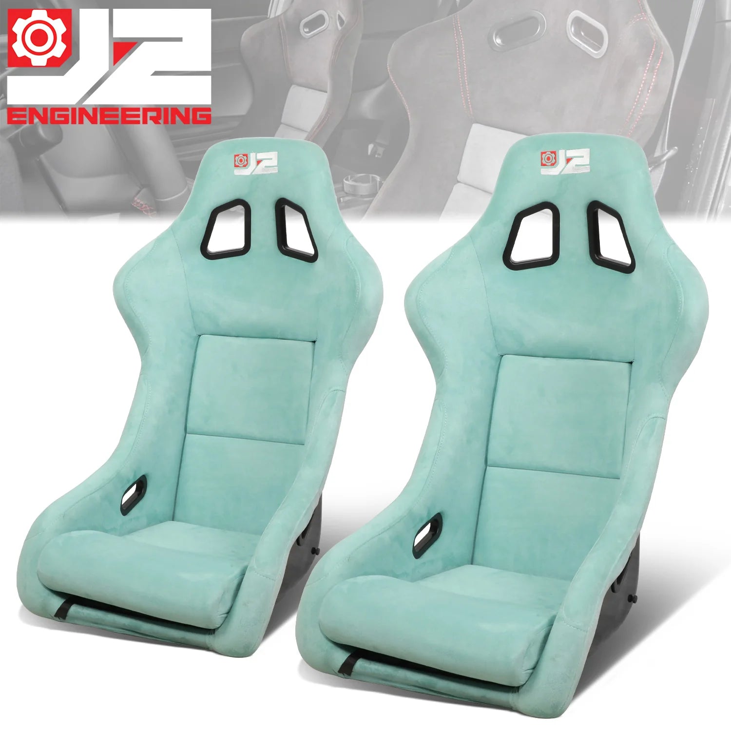 2Pcs Lake Blue Microfiber Suede Medium Racing Bucket Seats w/ Mount Brackets & Sliders Universal
