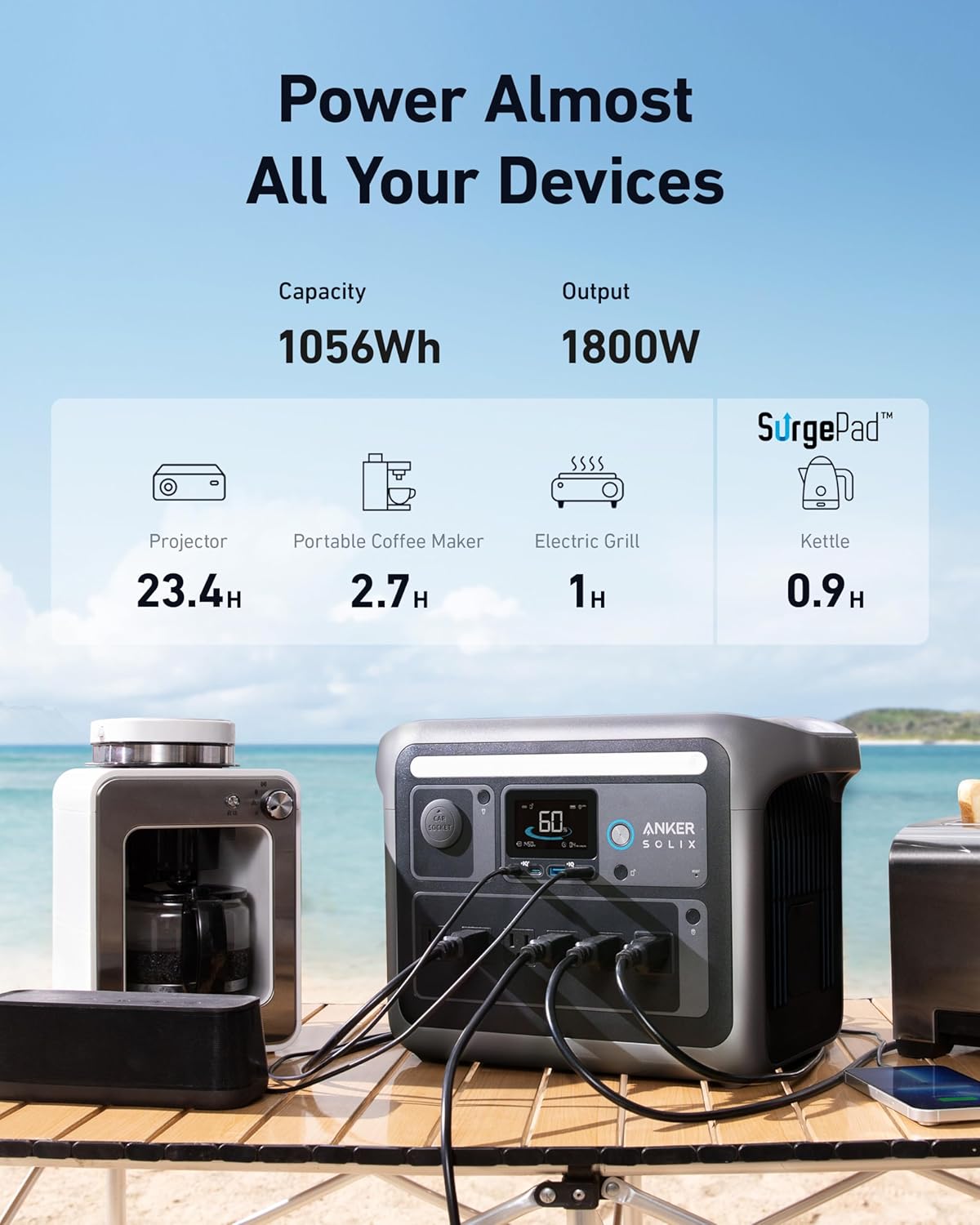 2026 Anker SOLIX C1000 Portable Power Station with 200W Solar Panel, 1800W Solar Generator, 1056wh LFP (LiFePO4) Battery, 6 AC Outlets, Up to 2400W for Home, Power Outages, and Outdoor Camping