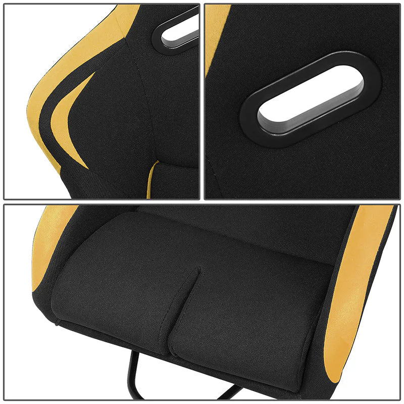 2 Pcs Yellow Fabric Bucket Racing Seats w/ Mount Brackets & Sliders Fits model w/ Aftermarket Seat Brackets