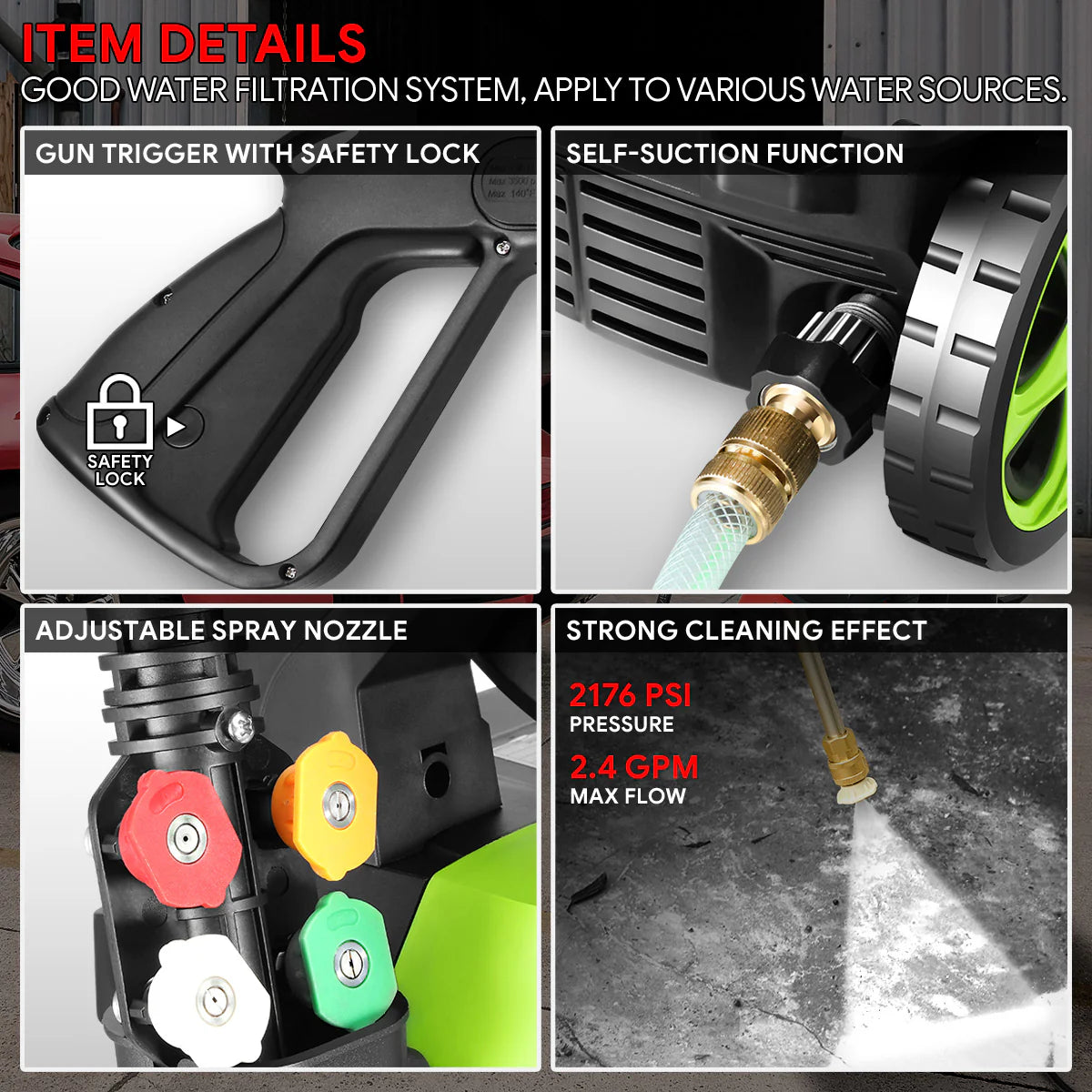 2176 PSI 2.4 GPM Electric Portable High Pressure Power Washer - 1800W (Green)