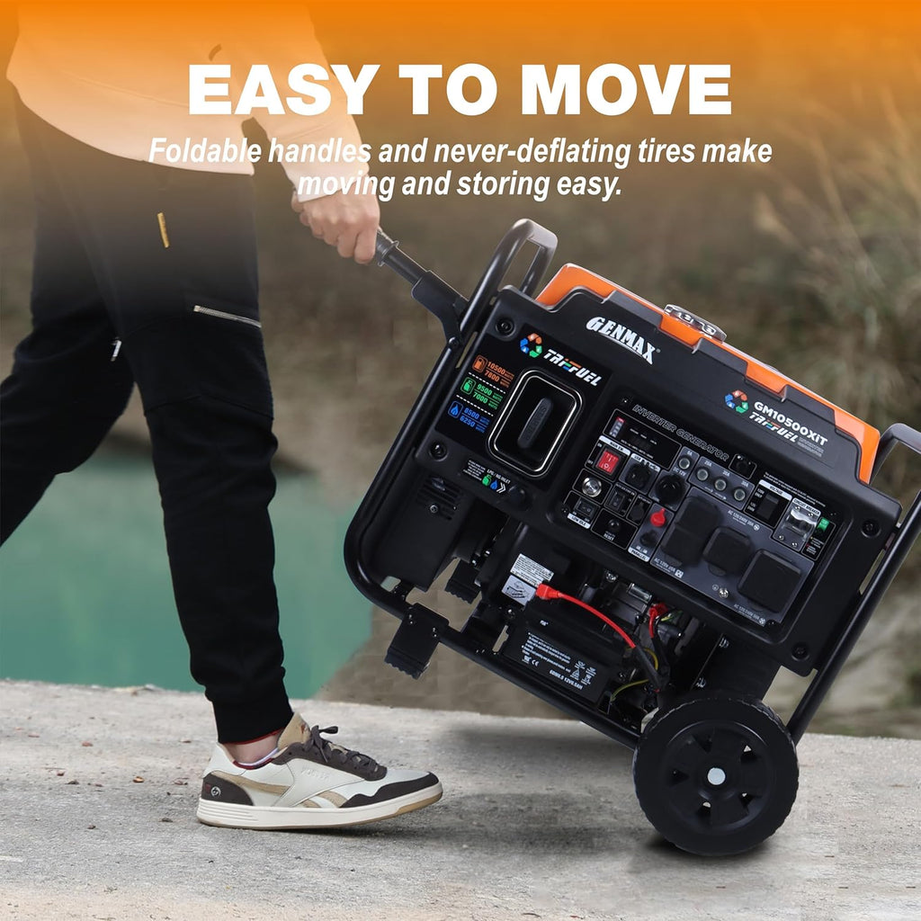 2026 GENMAX 10500 Peak Watt Tri Fuel Open Frame Inverter Generator,with ATS,Quiet Technology,CO Sensor,digital display and 50A,Ideal for Home backup,contruction site and RV Camping (GM10500XiT)