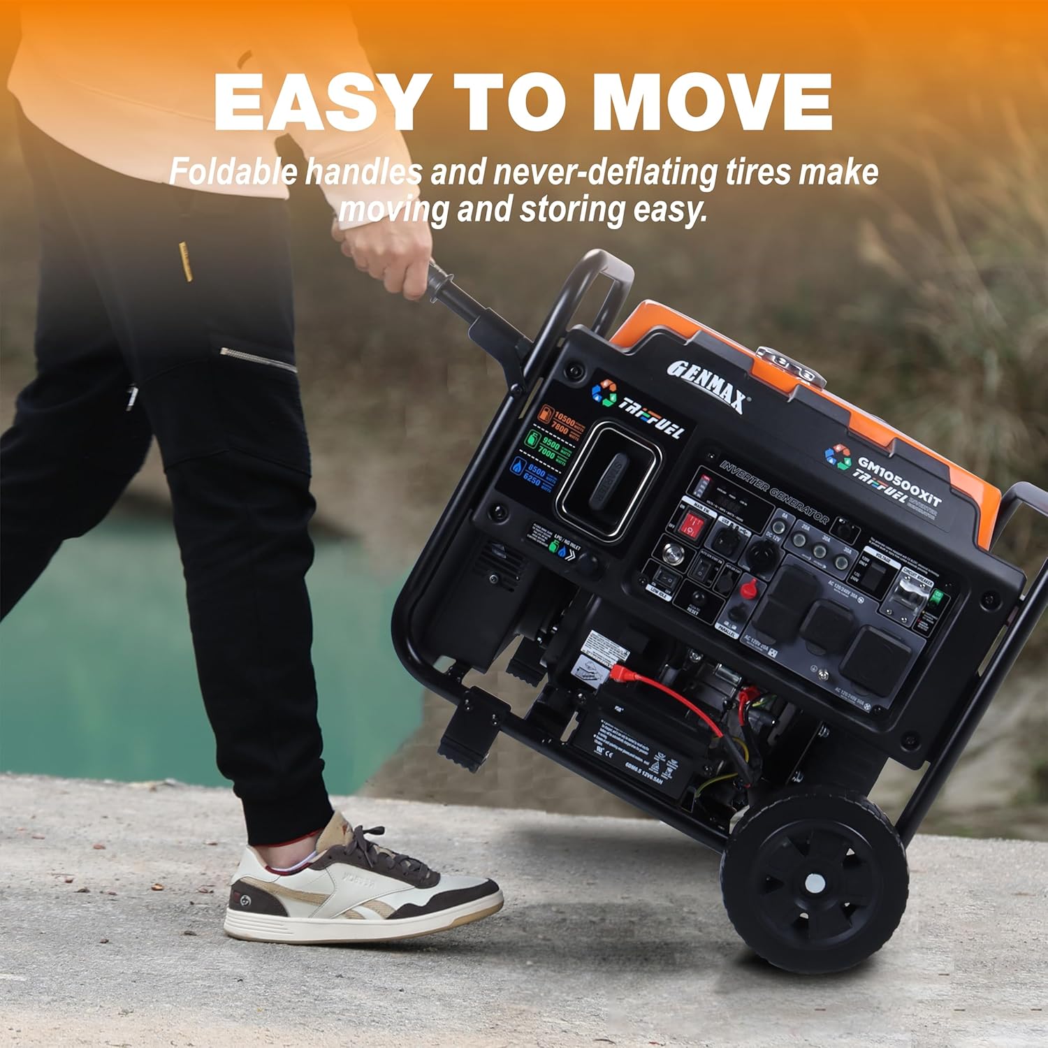 2026 GENMAX 10500 Peak Watt Tri Fuel Open Frame Inverter Generator,with ATS,Quiet Technology,CO Sensor,digital display and 50A,Ideal for Home backup,contruction site and RV Camping (GM10500XiT)