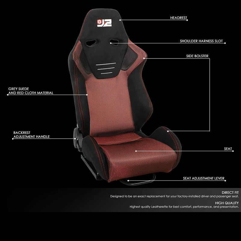 2Pcs Red Microfiber Suede Reclinable Racing Bucket Seat w/ Sliders Universal