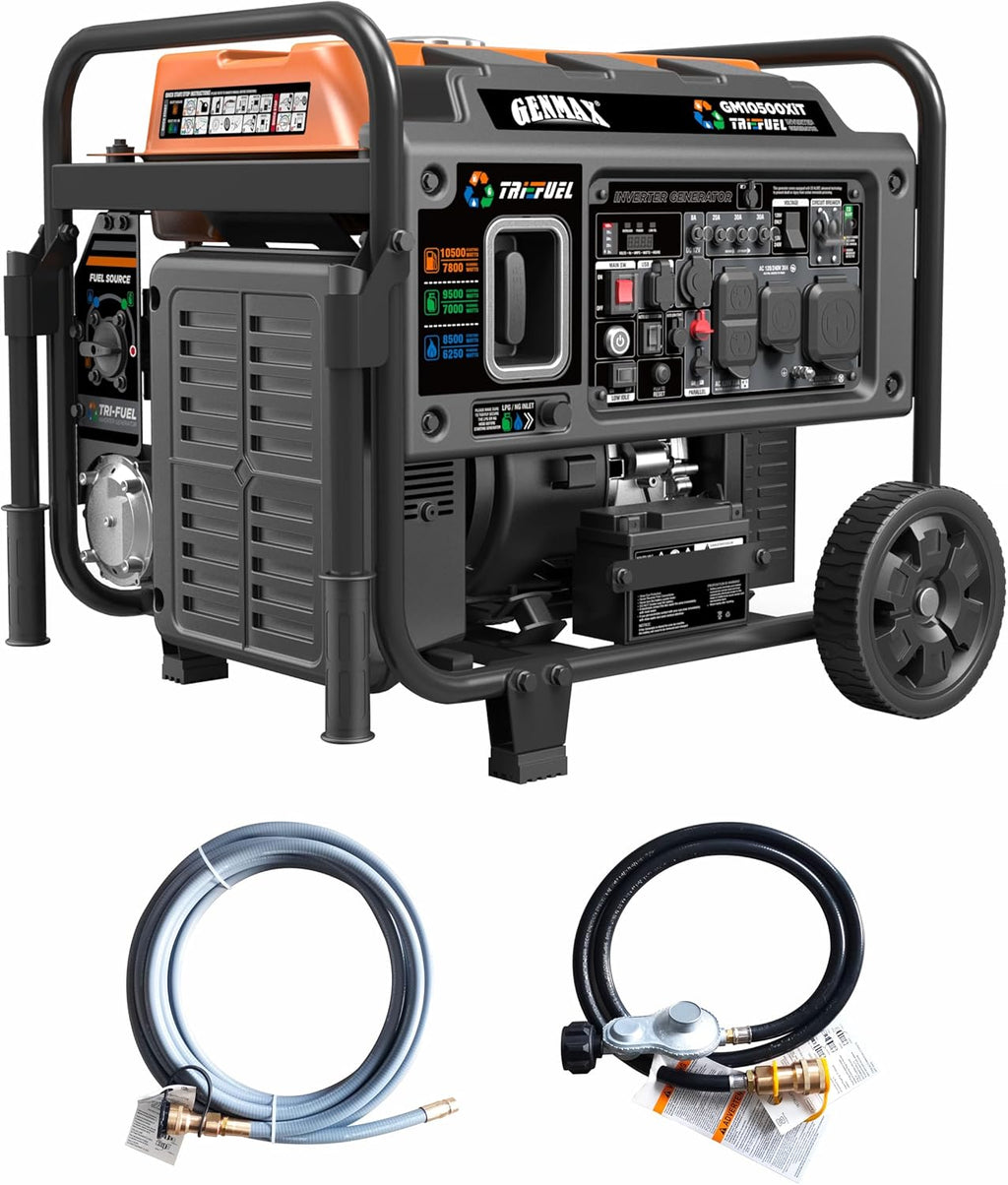 2026 GENMAX 10500 Peak Watt Tri Fuel Open Frame Inverter Generator,with ATS,Quiet Technology,CO Sensor,digital display and 50A,Ideal for Home backup,contruction site and RV Camping (GM10500XiT)