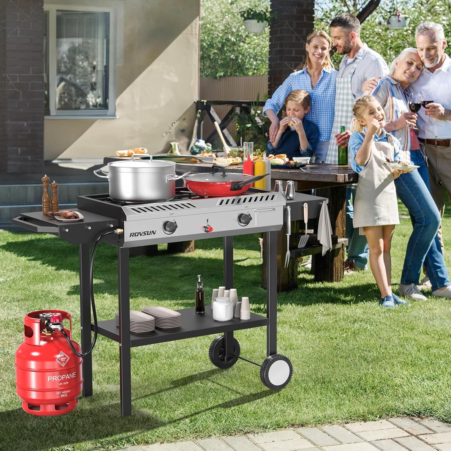 2026 2 Burner Outdoor Propane Gas Stove with Griddle, Auto-ignition, Regulator & Side Shelves, 150,000 BTU Powerful Stand Cooker for Backyard Cooking Home Brewing Canning Frying Grilling