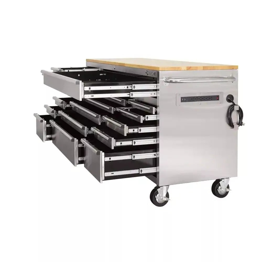 2026 72 in 18-Drawer 24 in. D Mobile Workbench with Solid Wood Top Stainless Steel