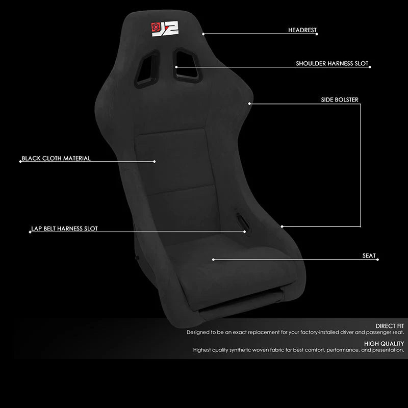 2Pcs Black Microfiber Suede Medium Racing Bucket Seats w/ Mount Brackets & Sliders Universal