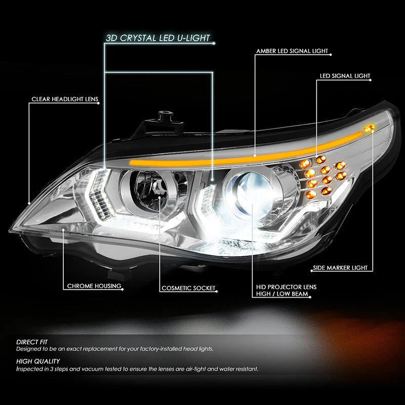 LED DRL Halo Switchback Projector Headlights 08-10 BMW 528i 535i 550i M5