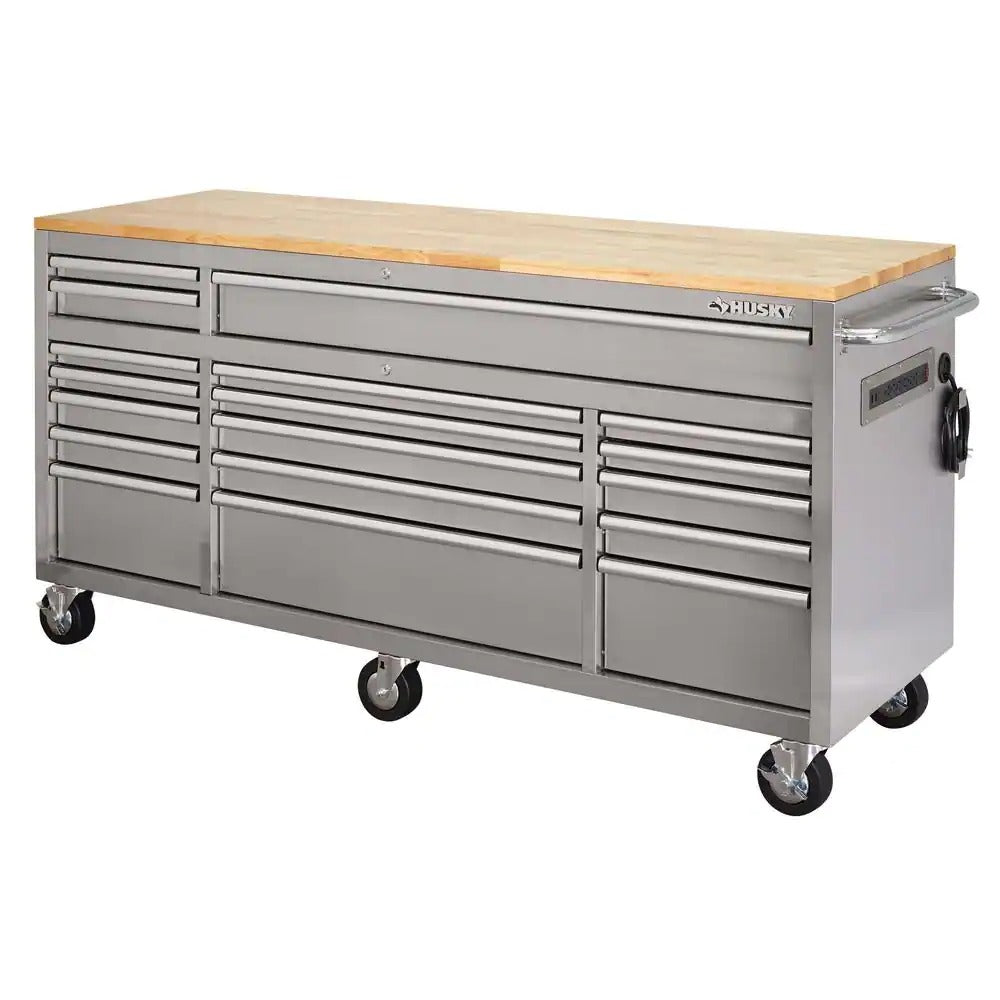2026 72 in 18-Drawer 24 in. D Mobile Workbench with Solid Wood Top Stainless Steel